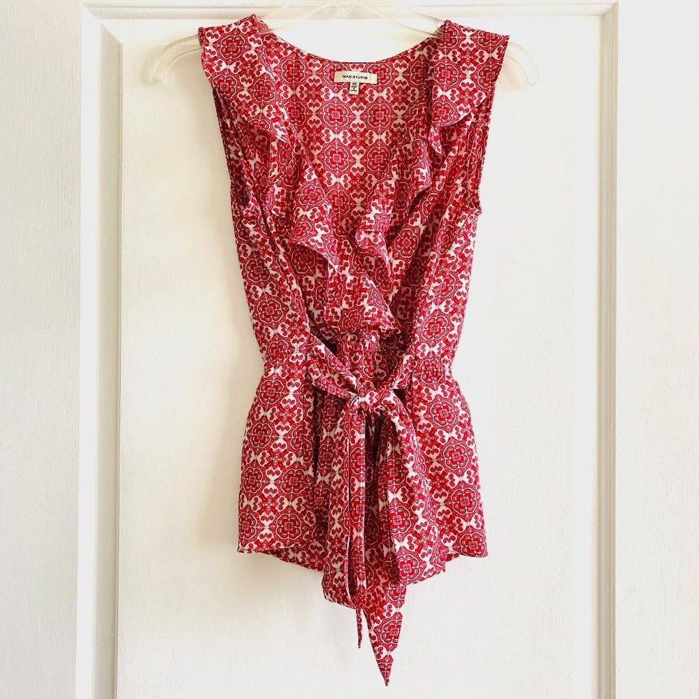 MAX STUDIO | Ruffle v-neck geometric patterned faux wrap sleeveless blou…